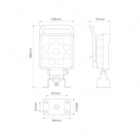 Swivel Mount Square Work Lamp w/ On/Off Switch, Handle and AMP Connector